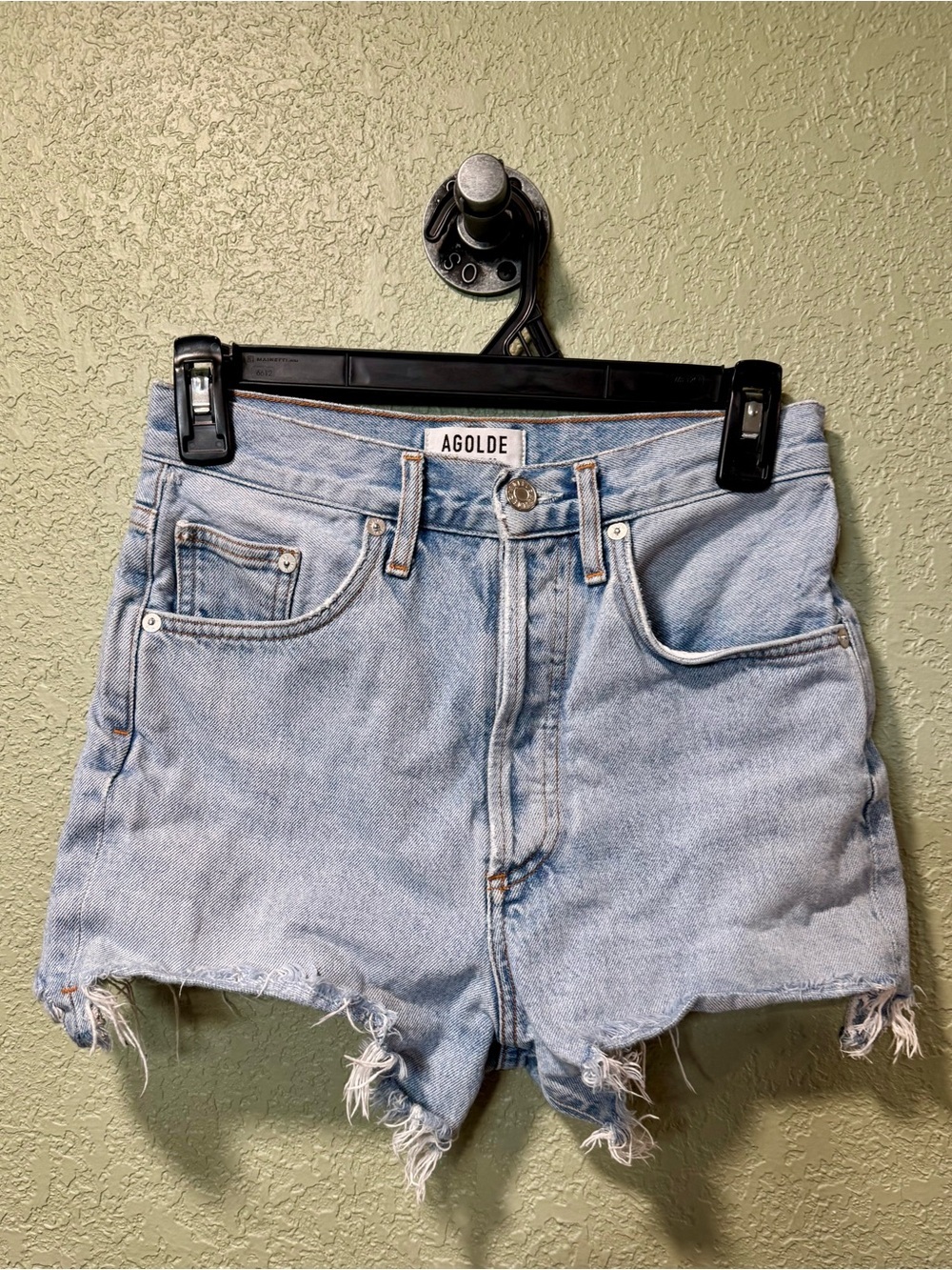 AGOLDE Light Wash Distressed High-Rise Denim Shorts 25